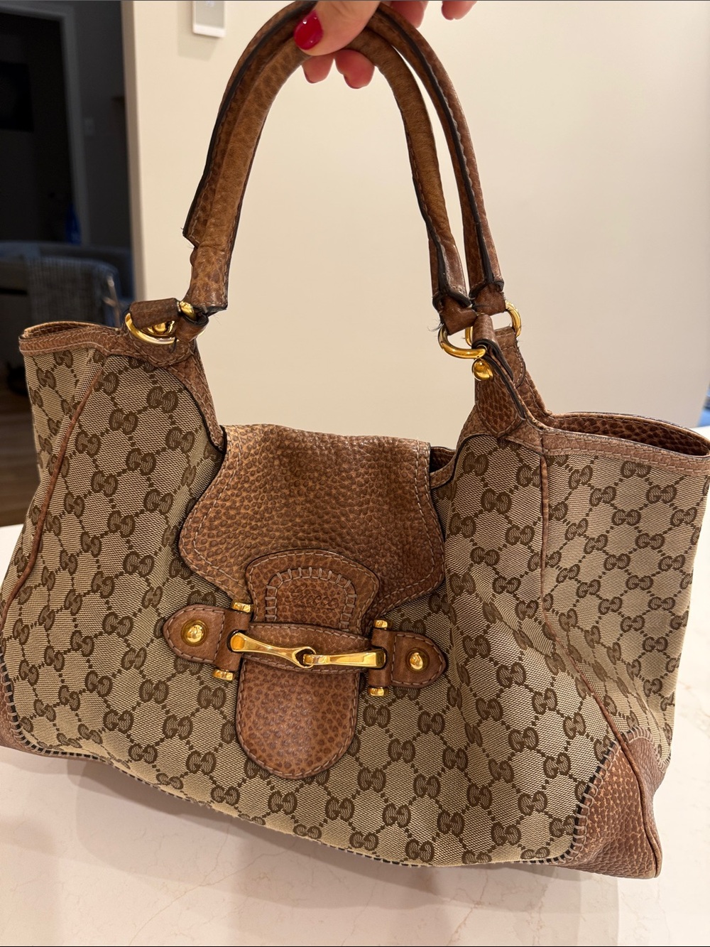 Gucci Brown and Beige GG Canvas Shoulder Tote with Gold Hardware